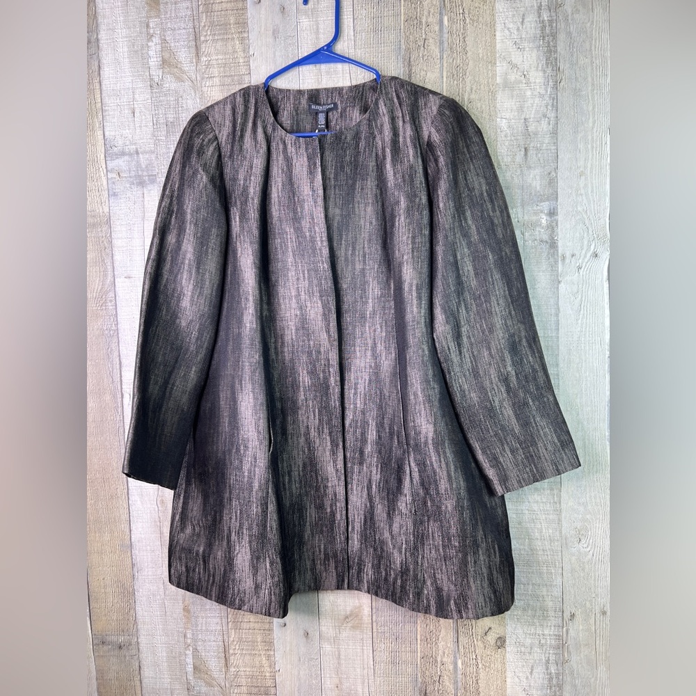Eileen Fisher Petite Size Large Lined Linen Silk Herringbone Open Front jacket